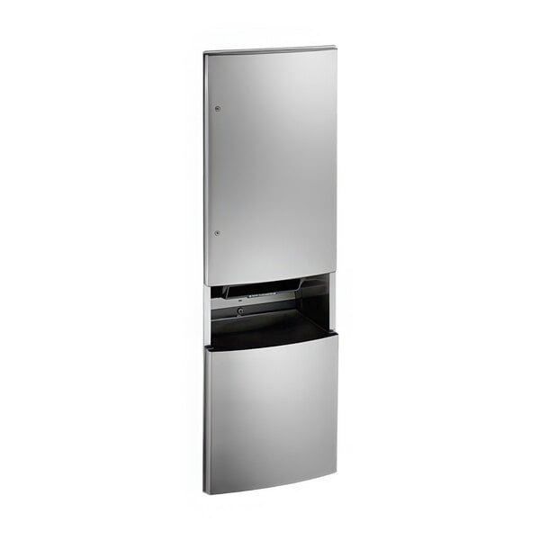 A stainless steel rectangular recessed AC-operated automatic roll paper towel dispenser with a black lid.