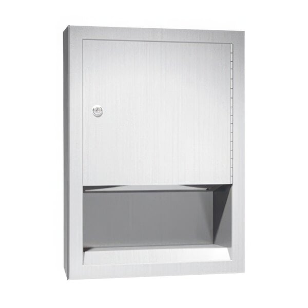 A stainless steel rectangular box with a black top and a door open.