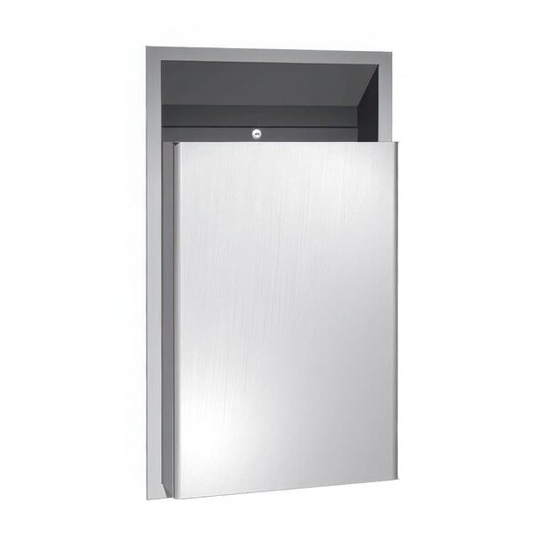 A silver rectangular American Specialties, Inc. stainless steel semi-recessed waste receptacle with a protrusion.