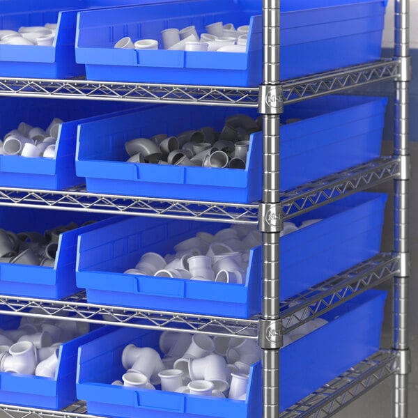 A Regency blue plastic bin on a metal shelf.