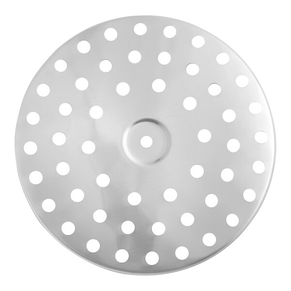 A stainless steel Choice Prep food mill sieve disc with holes.