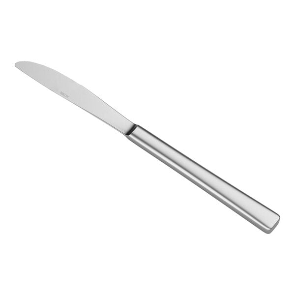 A stainless steel dinner knife with a smooth, rounded handle and a slightly curved blade.
