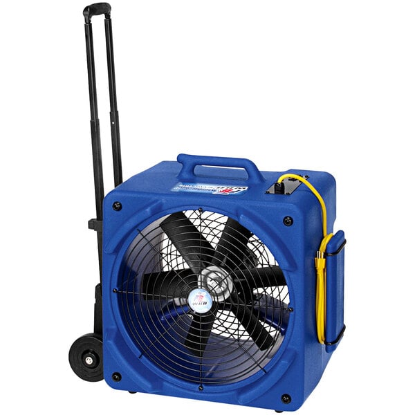 A blue Powr-Flite downdraft dryer with wheels.