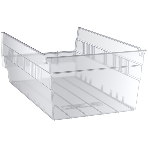 A Regency clear plastic shelf bin with a handle.