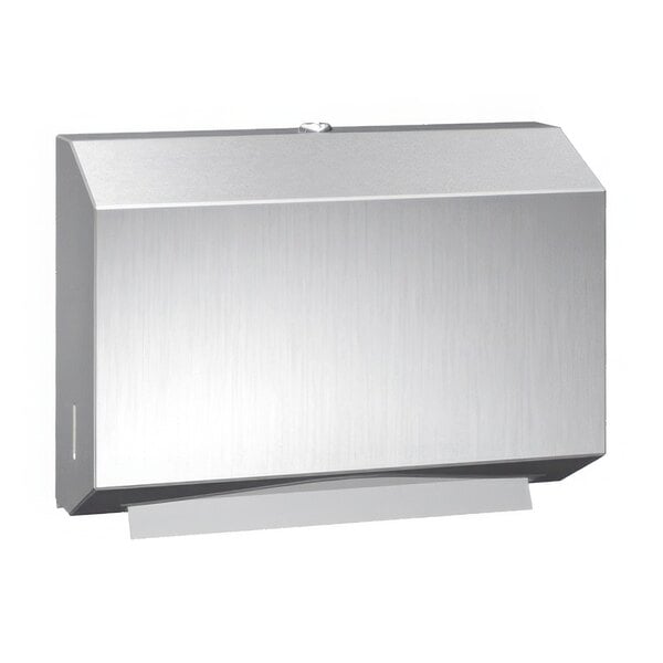 An American Specialties, Inc. stainless steel surface-mounted paper towel dispenser for C-fold and multifold paper towels.