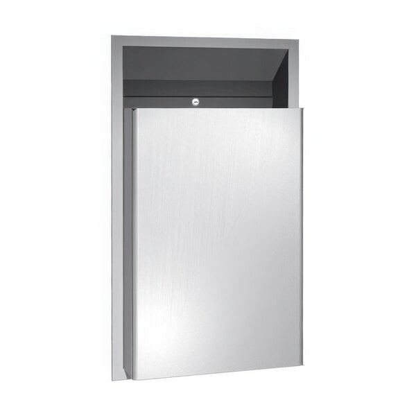 A silver rectangular stainless steel semi-recessed waste receptacle with a white background.