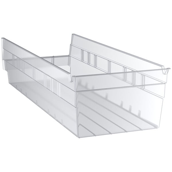 A clear plastic Regency shelf bin with an open lid.