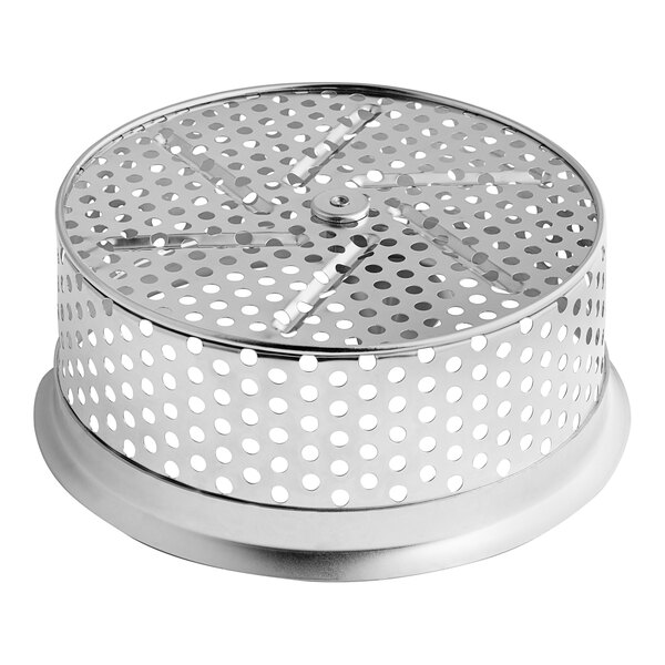 A silver metal Garde 6 mm Food Mill sieve with holes.
