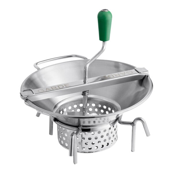 A stainless steel Garde rotary food mill with a green handle.