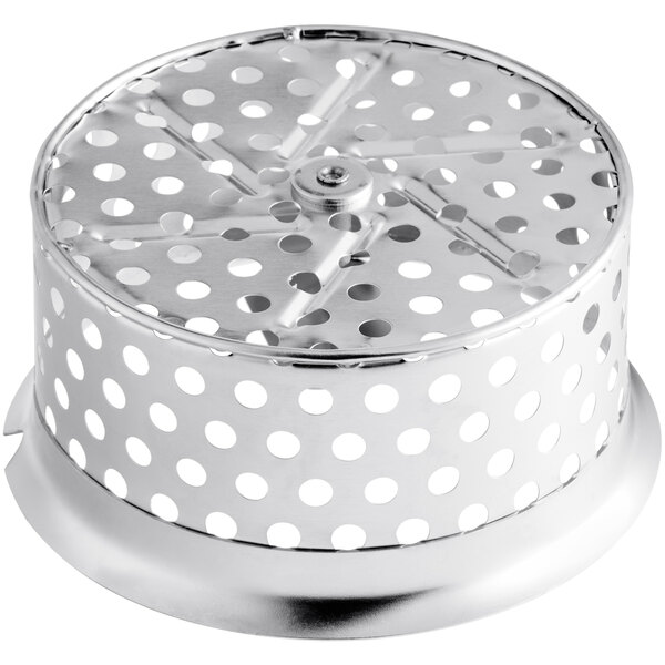 A silver Garde XL food mill sieve with holes in it.