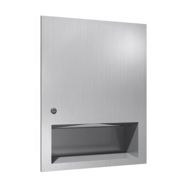A stainless steel rectangular box with a hole for paper towels.