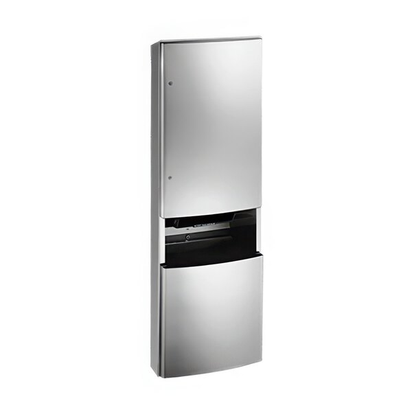 A stainless steel American Specialties, Inc. semi-recessed roll paper towel dispenser with a door.