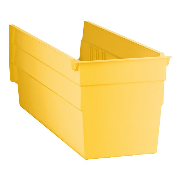 A yellow plastic shelf bin with open top and front, measuring 11 5/8 inches by 4 1/8 inches by 4 inches.