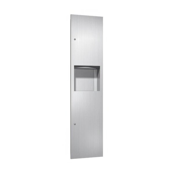 A stainless steel recessed paper towel dispenser with a door.