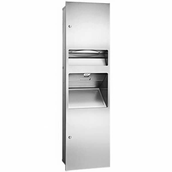 A stainless steel American Specialties, Inc. cabinet with paper towel dispenser and waste receptacle.