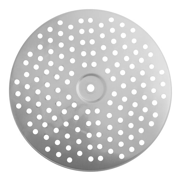 A silver circular Choice Prep stainless steel disc with holes.