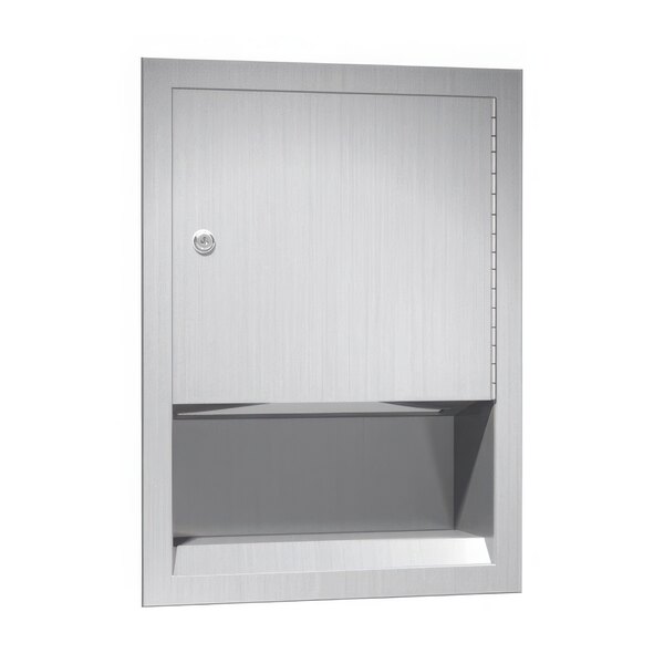 A stainless steel recessed paper towel dispenser with a door.