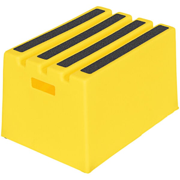 A yellow Vestil step stool with black stripes.