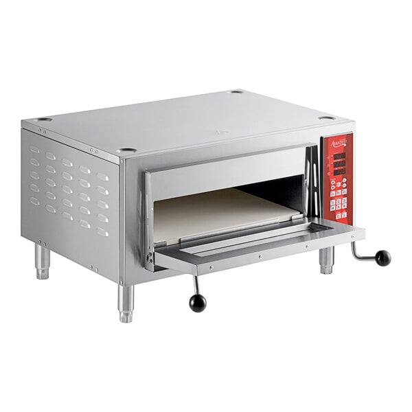 A silver Avantco countertop bakery oven with a door open.