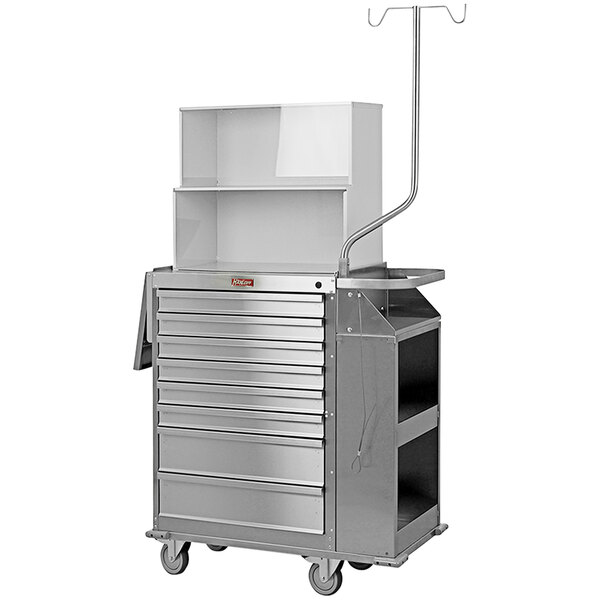 A large silver metal Harloff cart with drawers and a top compartment.