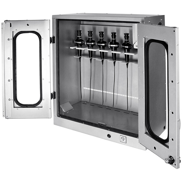 A metal Harloff ENT scope drying cabinet with a metal door open and four black drying racks inside.