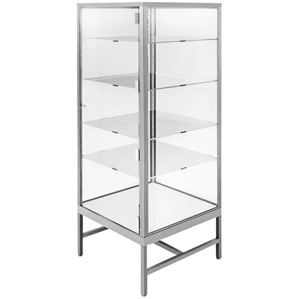 A chrome glass showcase tower with four shelves.