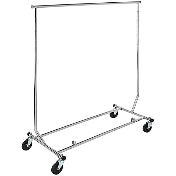 A chrome metal Econoco garment rack with black wheels.