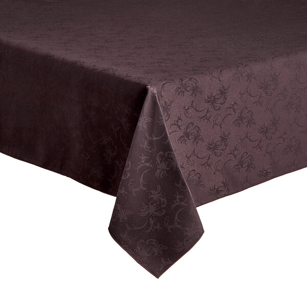 A brown Snap Drape tablecloth with a floral pattern.