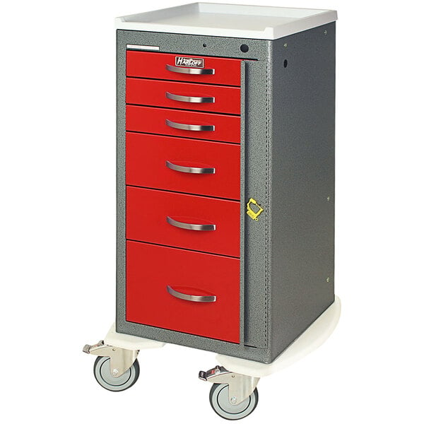 A red and grey metal cabinet with wheels.