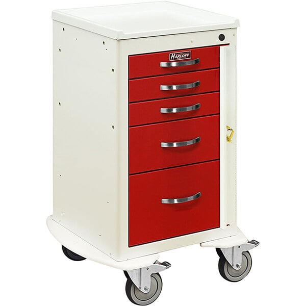 A white and red Harloff aluminum medical cart with 5 drawers and wheels.