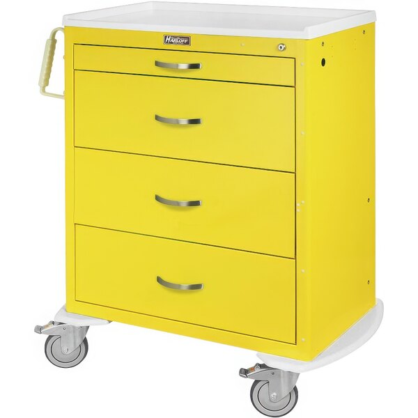 A yellow Harloff medical isolation cart with four drawers.
