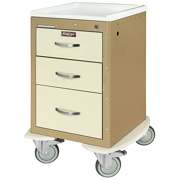 A Harloff medical cart with three drawers on wheels.