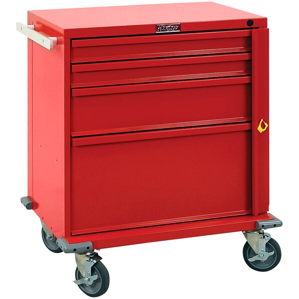 A red Harloff emergency cart with drawers and wheels.