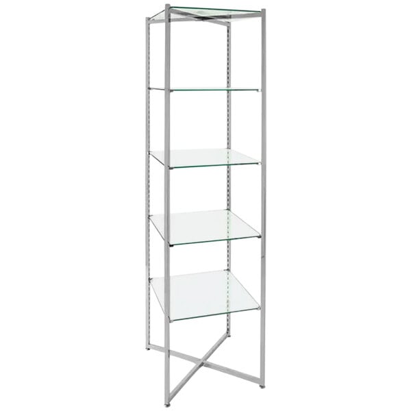 An Econoco chrome folding glass tower with 5 glass shelves.