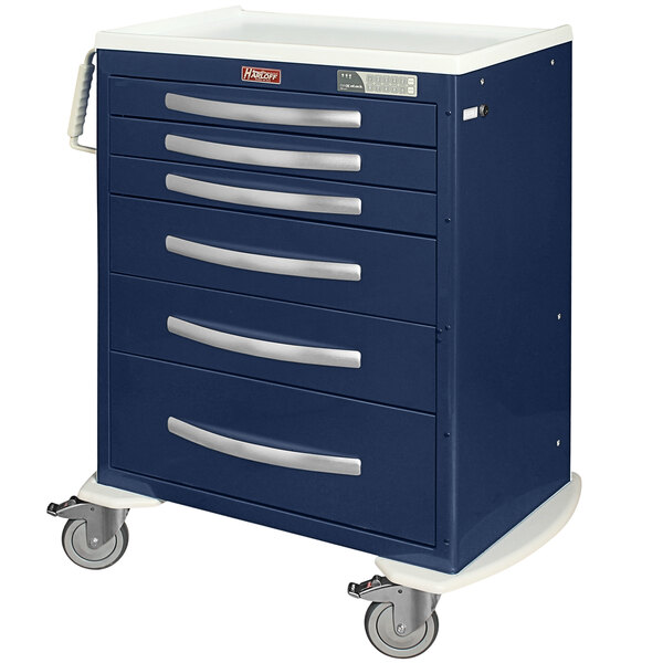 A blue Harloff anesthesia cart with six drawers.