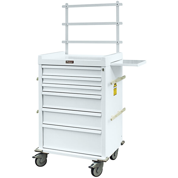 A white Harloff MRI-compatible medical cart with 6 drawers and key lock.