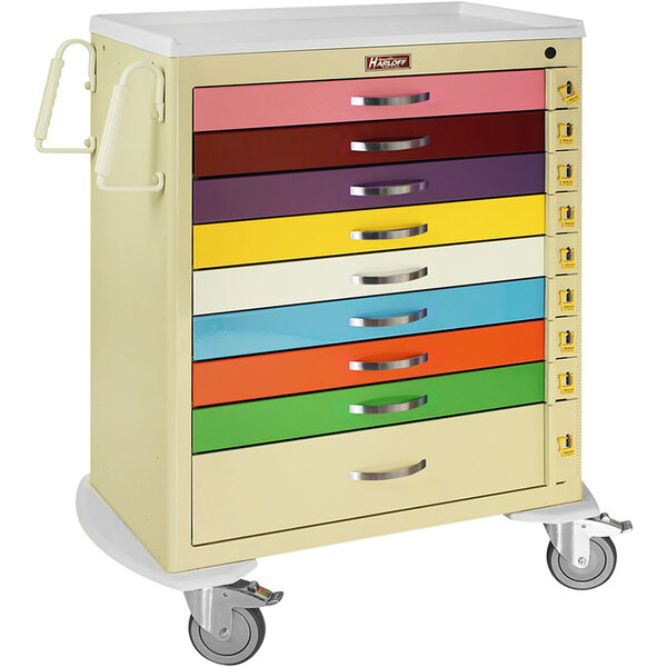 A Harloff pediatric crash cart with multi colored drawers.