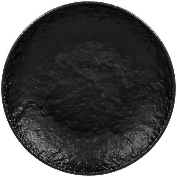 A black RAK Porcelain deep coupe plate with a black rim.