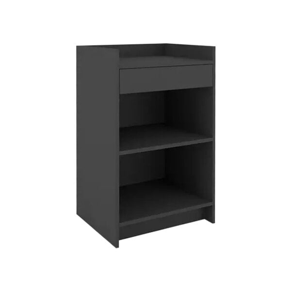 A black register stand with shelves.