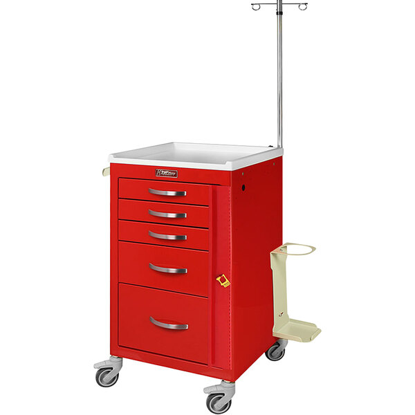 A red Harloff medical cart with drawers and wheels.