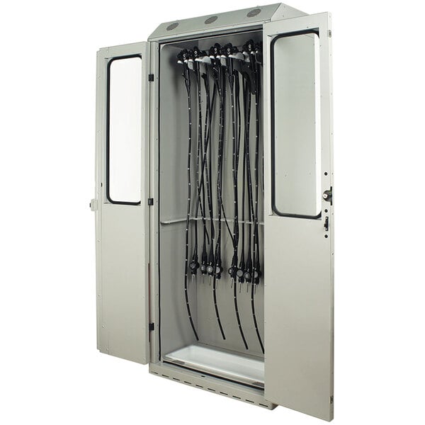 A white steel Harloff drying cabinet with black wire shelves.