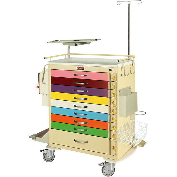 A Harloff pediatric crash cart with multiple colorful drawers.