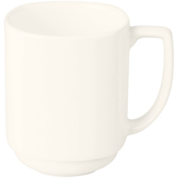 A close up of a RAK Porcelain ivory mug with a handle.