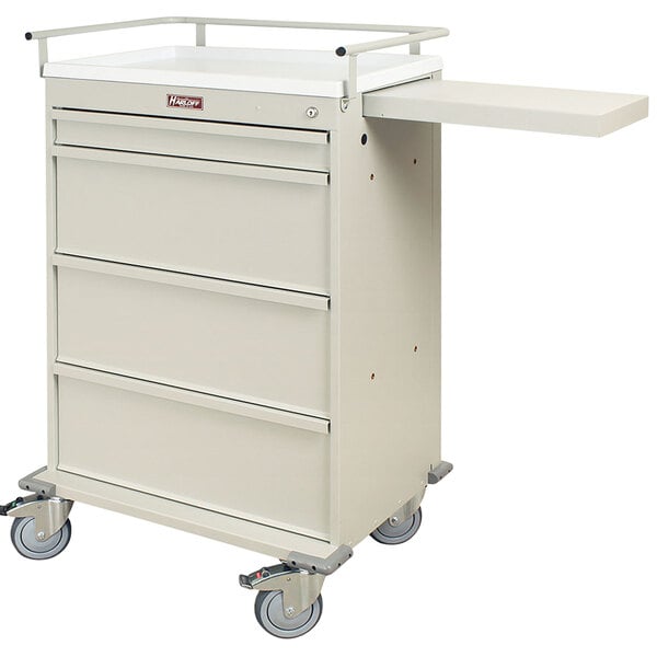 A white Harloff medication cart with three drawers and a key lock on wheels.