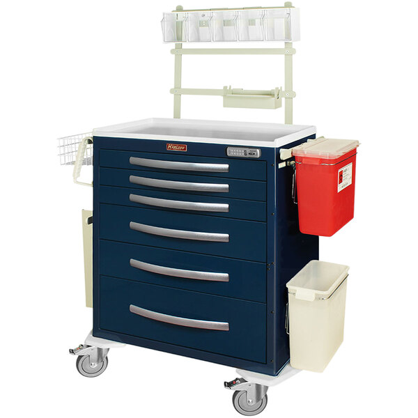 A blue Harloff medical cart with drawers and a tray.