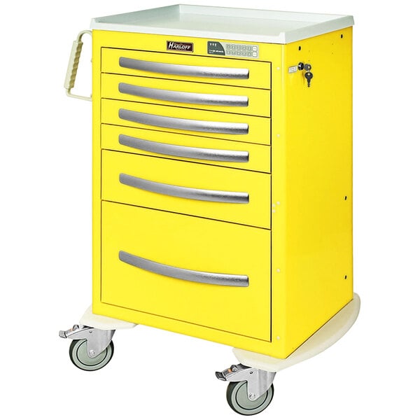 A yellow Harloff medical cart with six drawers and an electronic keypad lock.