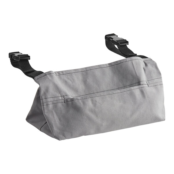 A grey Lavex trash bag with black straps.