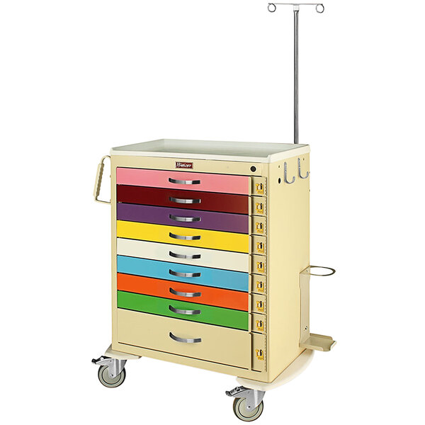 A Harloff pediatric emergency cart with multiple drawers on wheels.