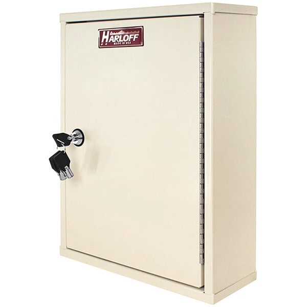 A white metal Harloff narcotics cabinet with 2 key locks.