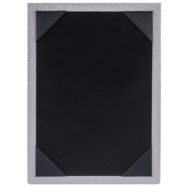 A black brushed aluminum rectangular menu tent with black corners.